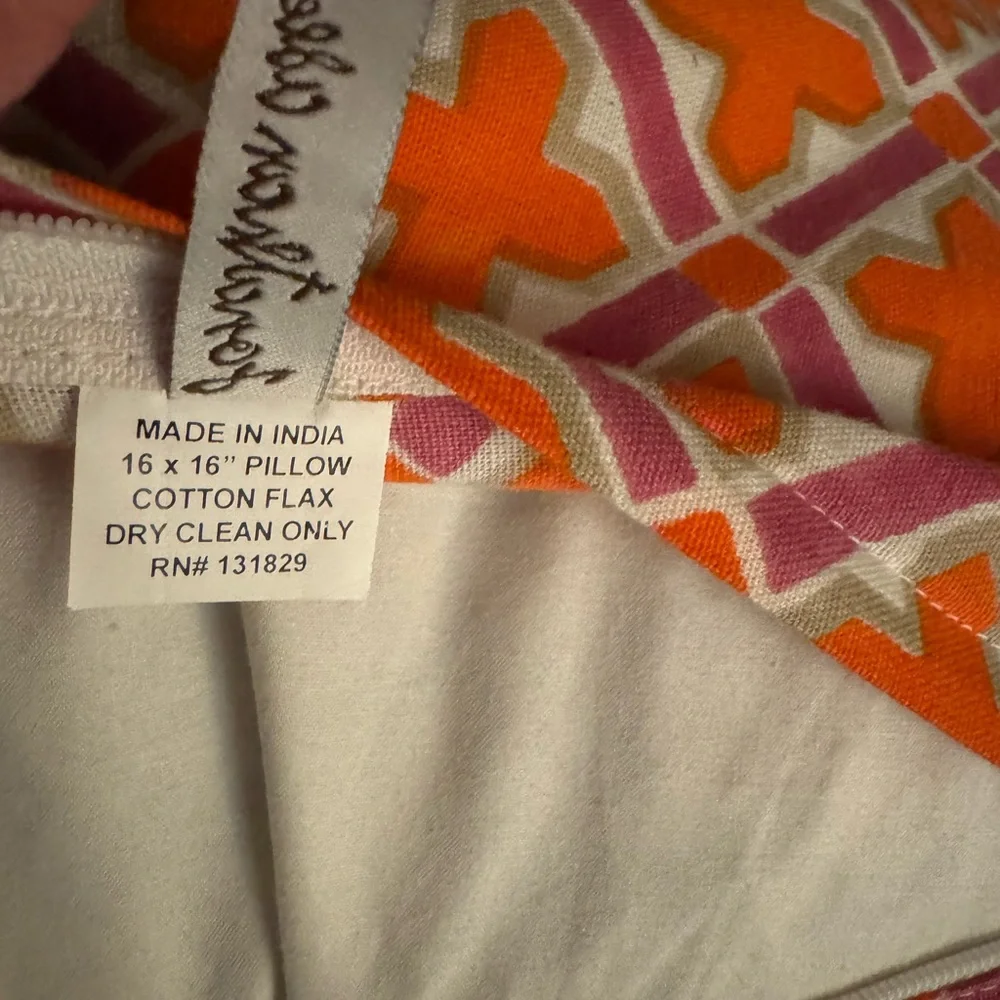 Two Jonathan Adler Accent Pillows 16” Square in Bold Orange & Purple Print